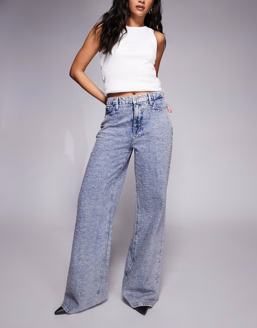 Good American good standard straight crystal embellished jeans in mid blue wash | ASOS (Global)