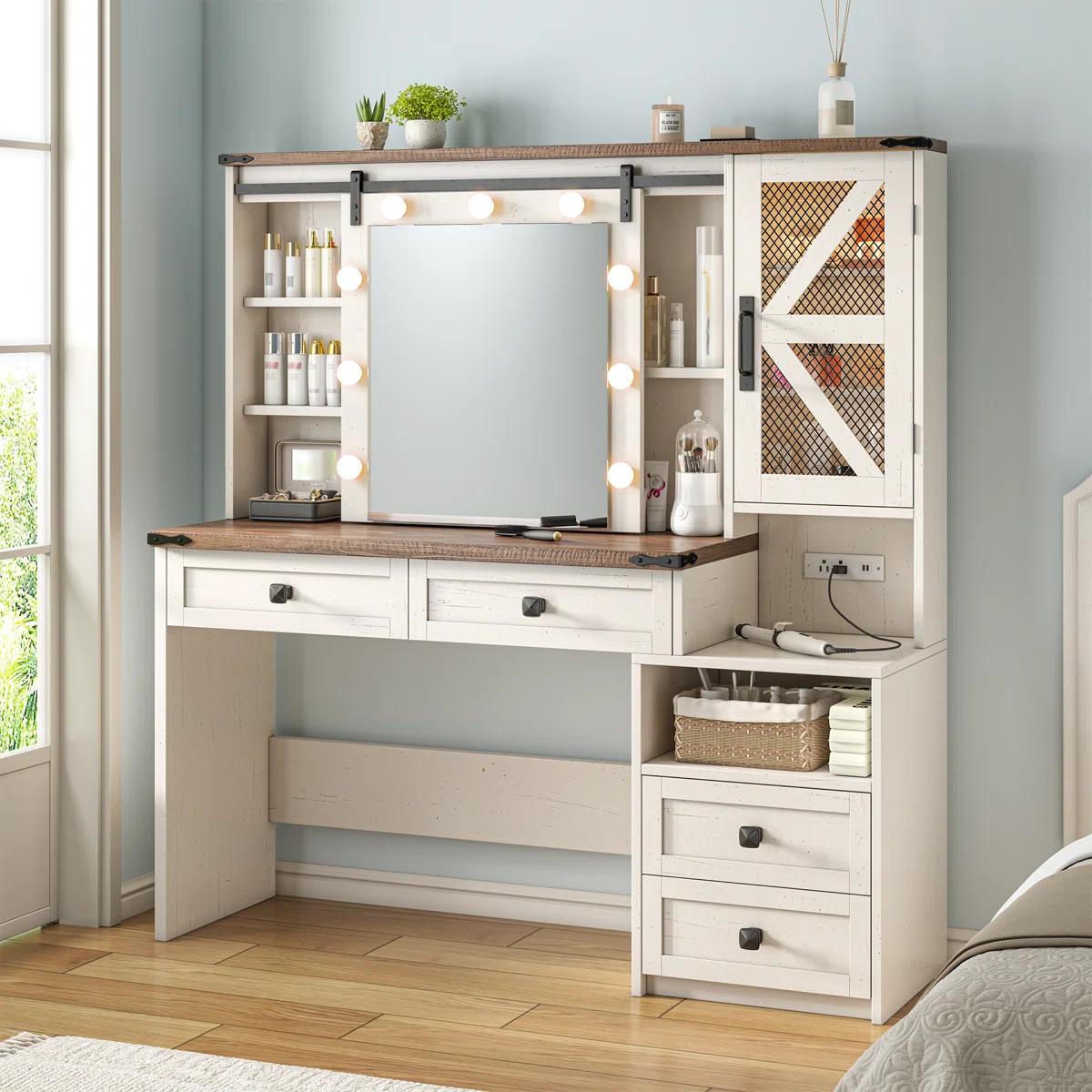 Farmhouse  Vanity Desk With Charging Station And Sliding Mirror  & Lights  Vanity Desk With Large... | Wayfair North America