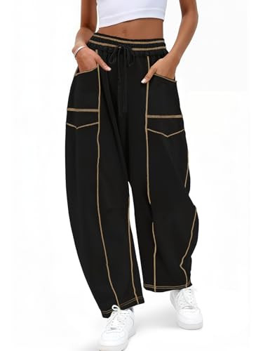 Aoysky Womens Baggy Wide Leg Pants Barrel Casual Drawstring Elastic Waist Contrast Stitch Workout... | Amazon (US)