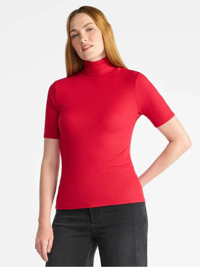 Time and Tru Women's Rib Turtleneck Top with Short Sleeves, Sizes XS-XXXL | Walmart (US)