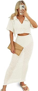 Saodimallsu Women Crochet Beach Cover Up Set Knit Crop Button Short Sleeve Collar Top Bodycon Lon... | Amazon (US)