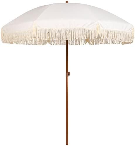 AMMSUN 7ft Patio Umbrella with Fringe Outdoor Tassel Umbrella UPF50+ Wood Color Steel Pole and Steel | Amazon (US)