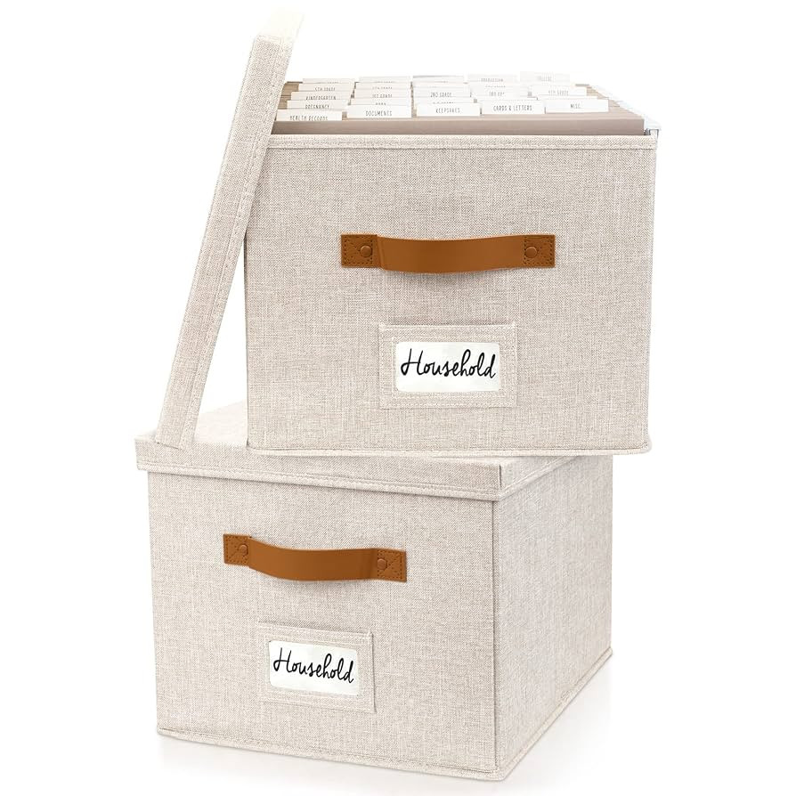 ZICOTO Decorative File Organizer Box Set of 2 - Collapsible Linen Filing Cabinets w/Handles Are P... | Amazon (US)