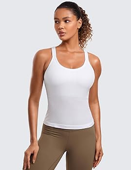 CRZ YOGA Seamless Ribbed Womens Tank Top Racerback Camisoles with Built in Bra Padded Scoop Neck ... | Amazon (US)