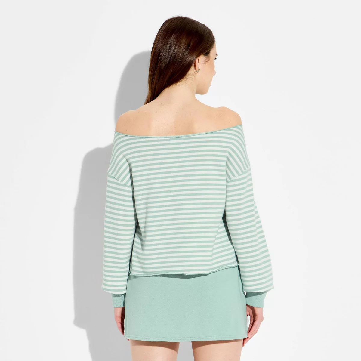 Women's Off the Shoulder Pullover Sweatshirt - Wild Fable™ Aqua Green Striped S | Target