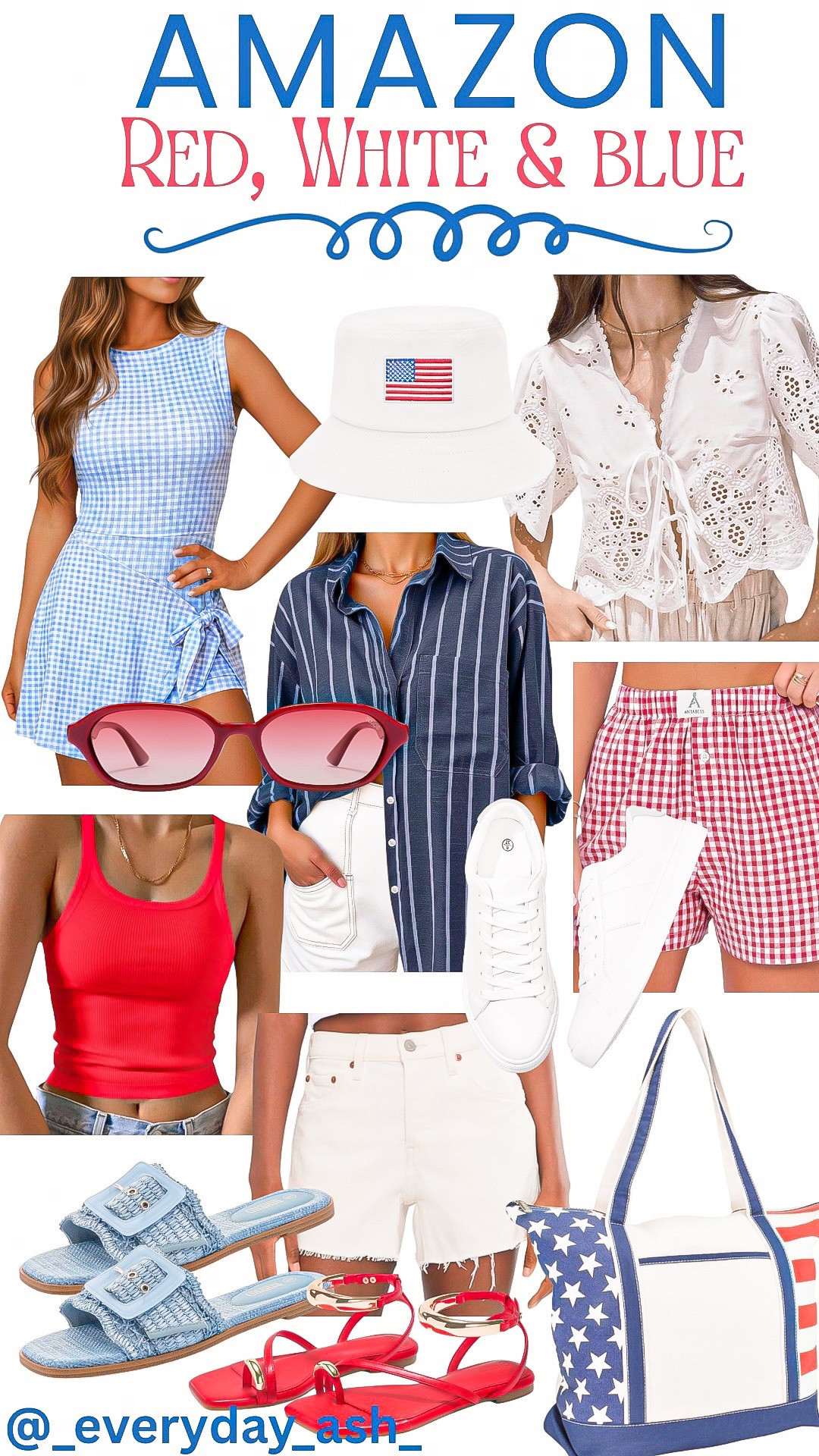 Fourth of July 🇺🇸🇺🇸🇺🇸

Red white and blue outfit, blue gingham dress, gingham shorts, blue top, denim outfit, red sandals, tote bag, Amazon fashion