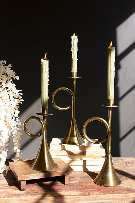 Kalalou Set of 3 Antique Brass Trumpet Taper Candle Holders | Amazon (US)