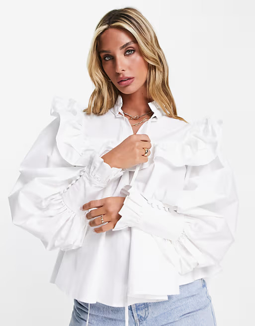 ASOS EDITION high neck ruffle yolk shirt in white | ASOS (Global)