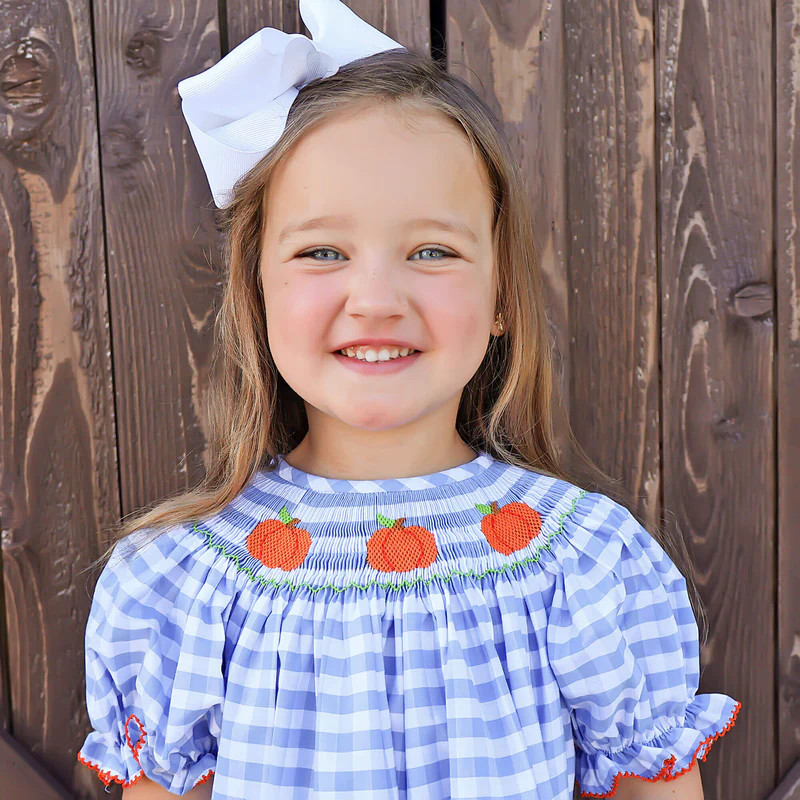 Pumpkin Smocked Light Blue Check Bishop Dress | Classic Whimsy