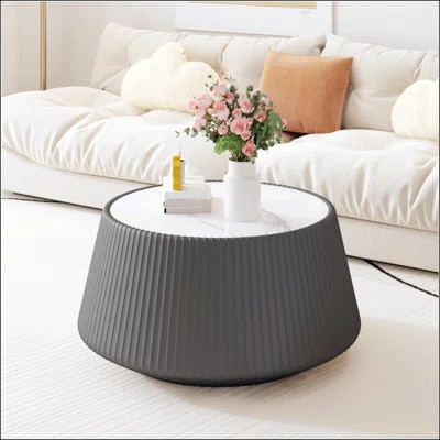 Unique Grey Pattern Sintered Stone Top Round Coffee Table With Microfiber Leather, For Modern Living Rooms | Wayfair North America