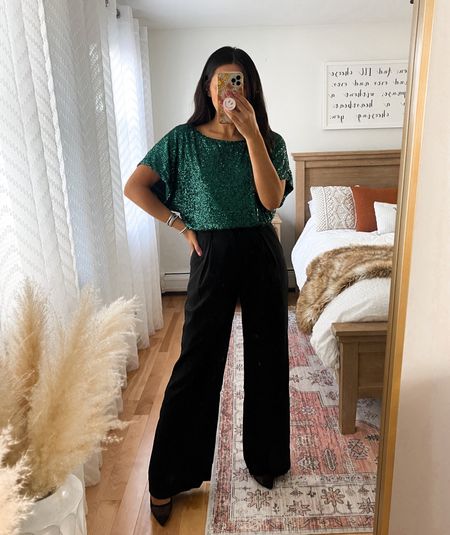 Holiday Outfit Inspo— Sequin Top (small) + black trouser pants (small) … USE SUGARED25 for 25 % off sitewide 

#LTKsalealert #LTKSeasonal #LTKHoliday
