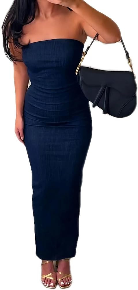 XPONNI Denim Maxi Dress Y2k Denim Tube Dress Strapless Denim Bodycon Dress Jean Dresses Denim Dre... | Amazon (US)