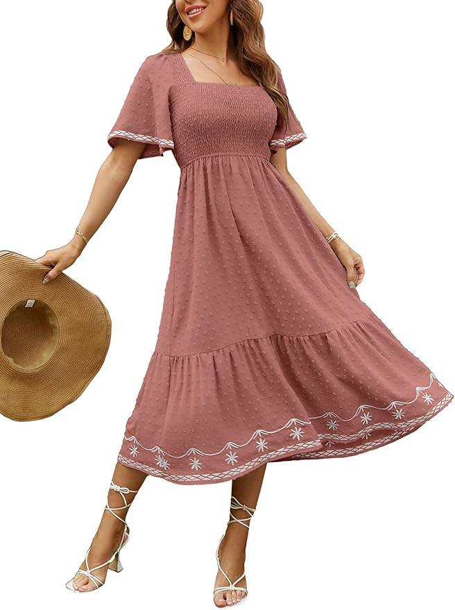 Glamaker Women's Short Sleeve Smocked Square Neck A Line Summer Flowy Maxi Long Dress | Amazon (US)