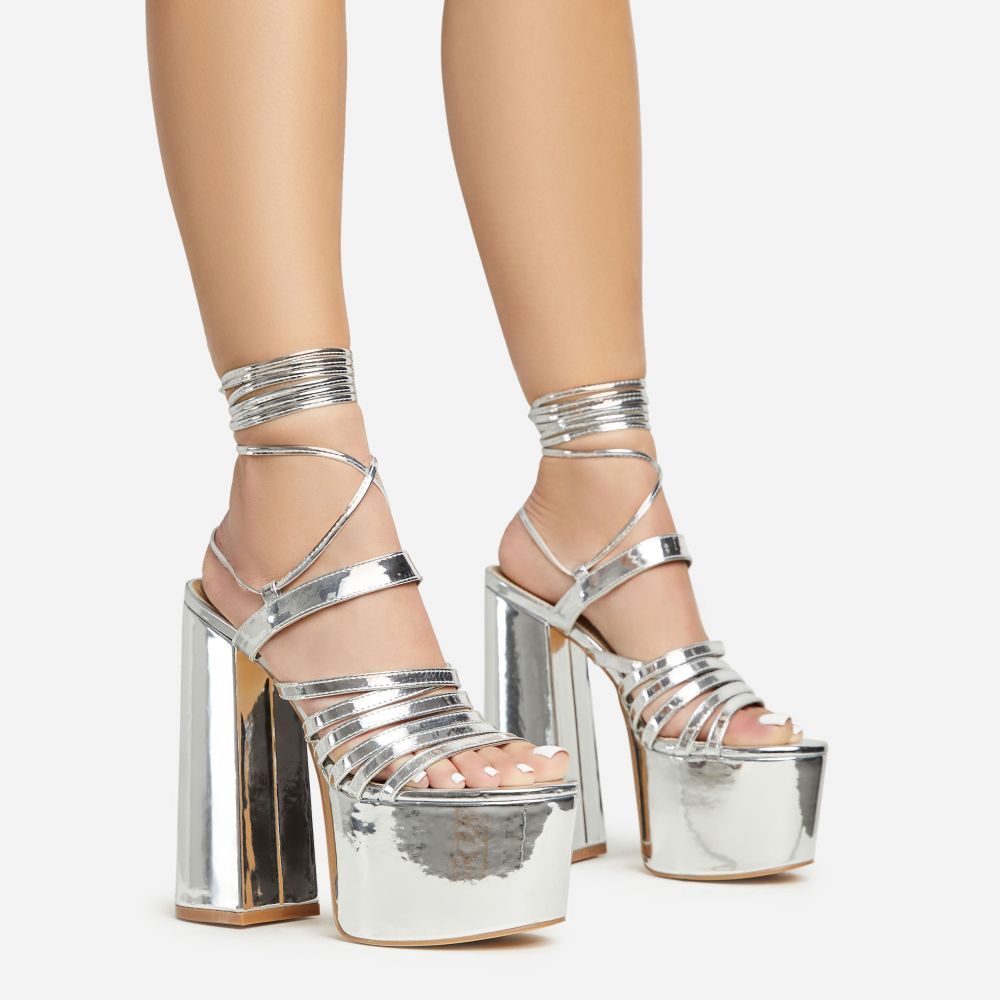 Amazoness Lace Up Extreme Strappy Detail Platform Block Heel In Silver Patent | EGO Shoes (US & Canada)