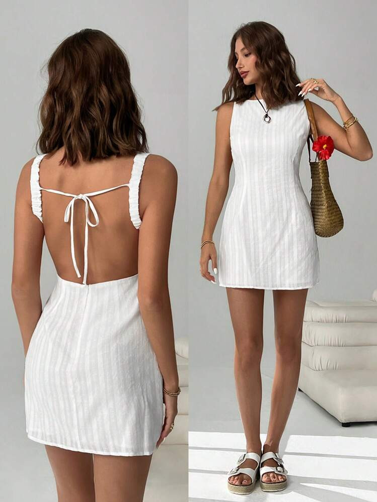 SHEIN EZwear Women 100%Cotton Solid Color Casual Sleeveless Backless Mini Dress, Summer Dresses For Women,Western Wear Women,Vacation Dress,Graduation Dresses | SHEIN