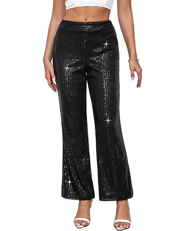 Womens High Waist Casual Loose Sparkle Sequin Shiny Wide Leg Flare Palazzo Pants Trousers | Amazon (US)