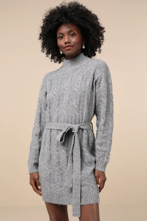 Warmed Up To You Heather Grey Cable Knit Mock Neck Sweater Dress | Lulus