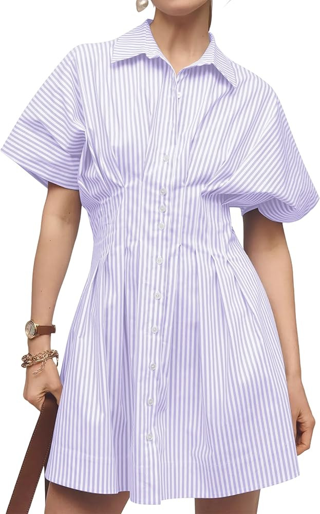 Dsewpaur Women Button Front Pleated Shirt Dress Summer Casual Short Sleeve Pleated Blouse Mini Dr... | Amazon (US)