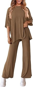 PRETTYGARDEN Women's 2 Piece Outfits Casual Short Sleeve Pullover Tops and Wide Leg Pants Lounge ... | Amazon (US)