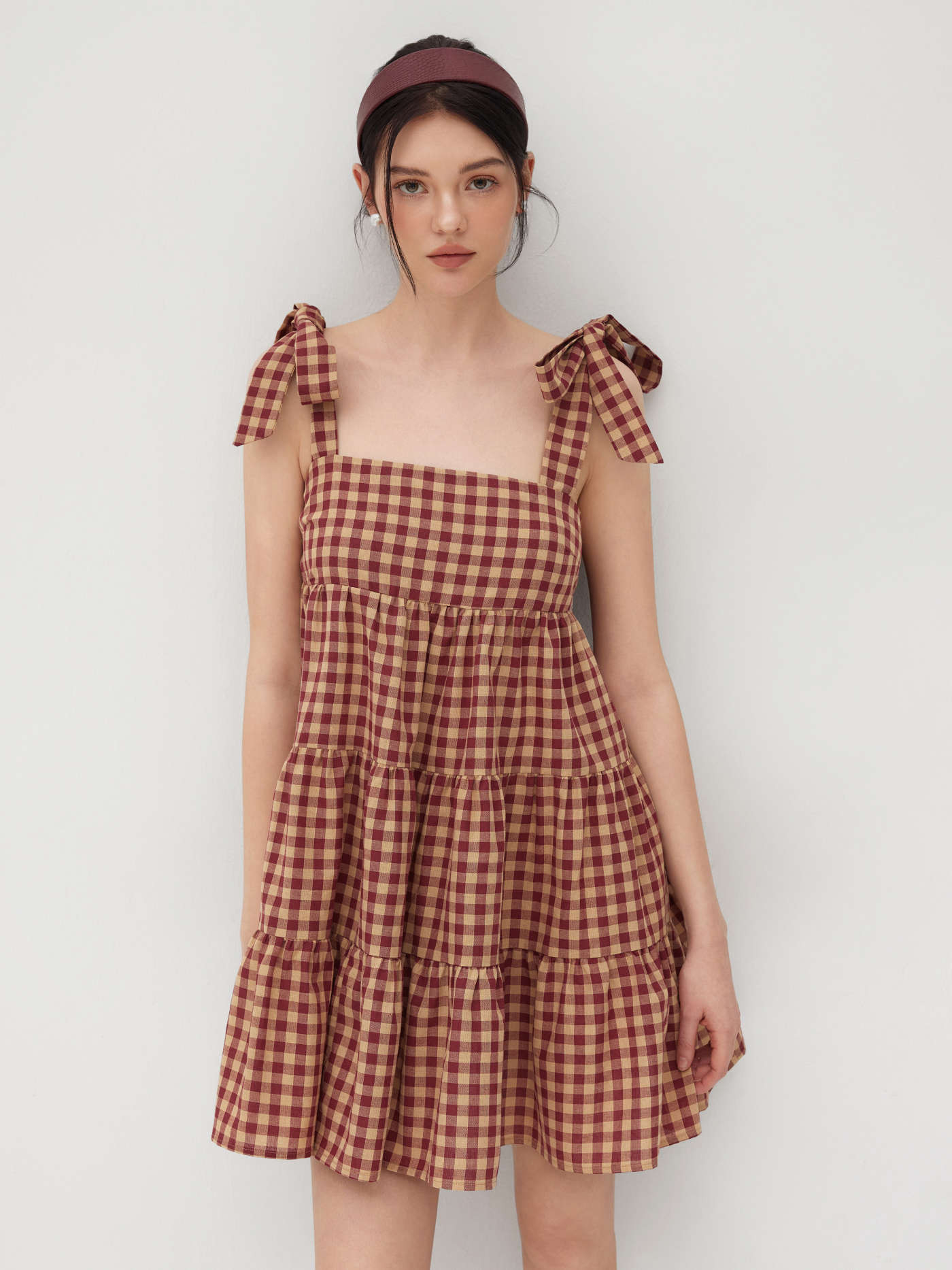 Cotton-blend Gingham Bowknot Tiered Ruffle Mini Dress... | Cider