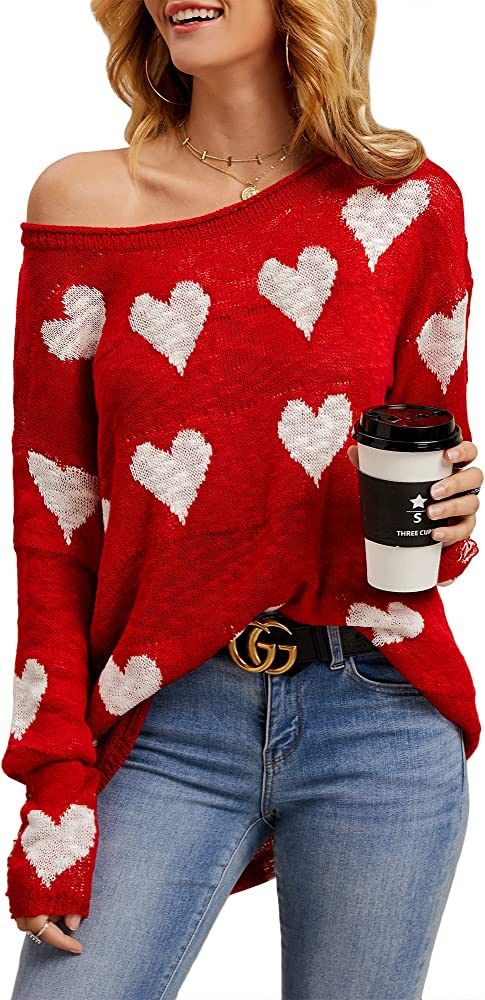 Tutorutor Womens Cute Love Heart Print Sweaters Oversized Off The Shoulder Loose Knitted Valentine P | Amazon (US)