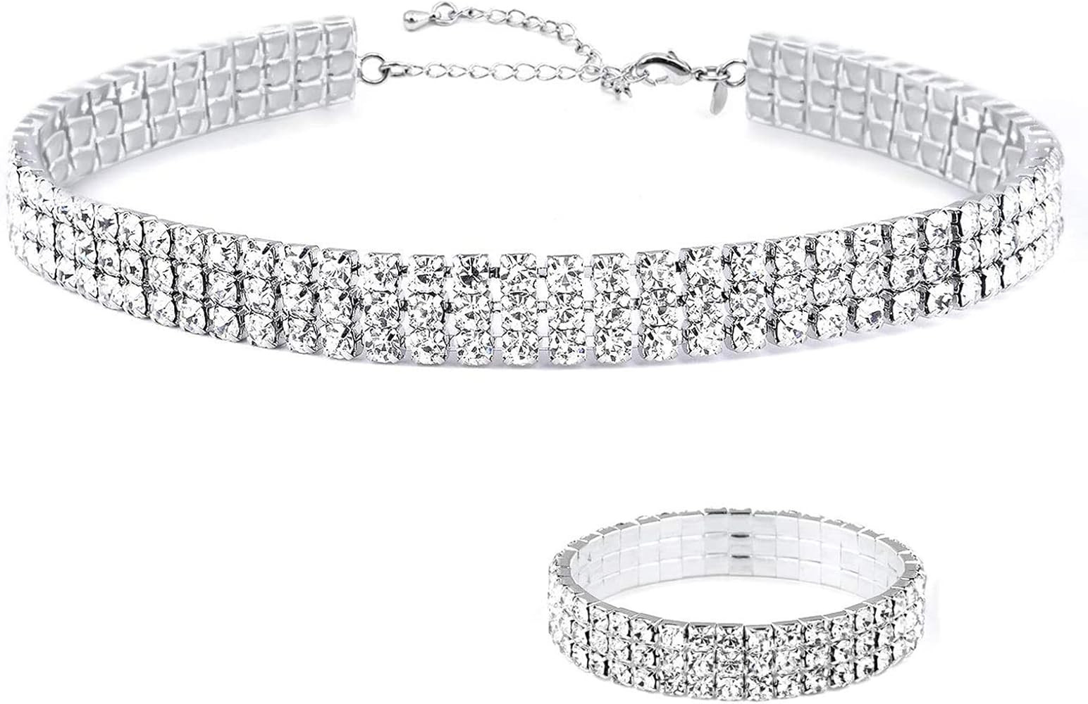 Zealmer 18K Gold Plated 1-6 Rows Rhinestone Choker Necklace & Bracelets Set Bridal Jewelry | Amazon (US)