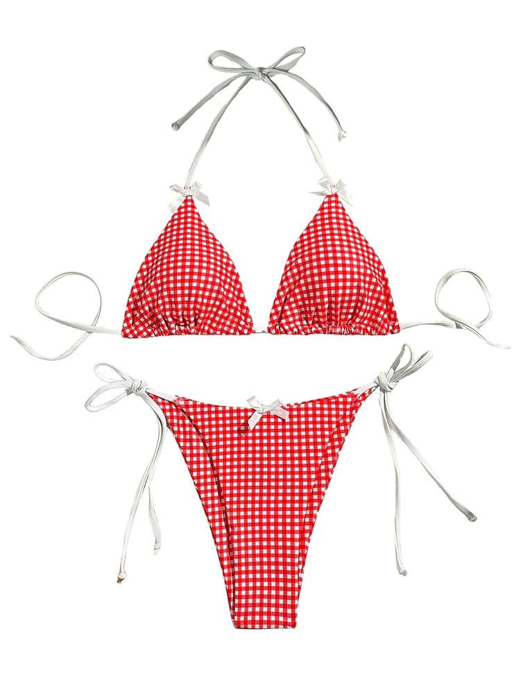 Women's 2 Piece Y2K Gingham Print Bow Front Bikini Halter Tie Bikini Set Triangle Set Beachwear S... | Amazon (US)