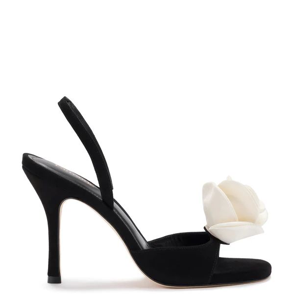 Salma Sandal In Black Suede and Ivory Satin | Larroude