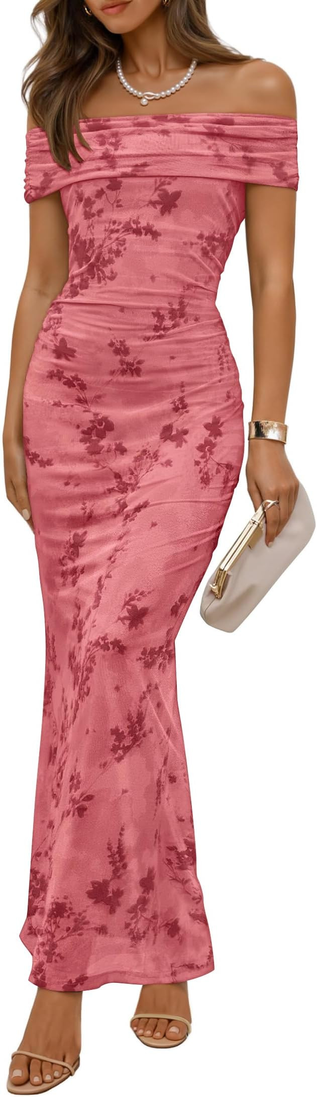 ZESICA Women's Summer Off Shoulder Floral Bodycon Maxi Dress 2026 Ruched Elegant Formal Cocktail ... | Amazon (US)