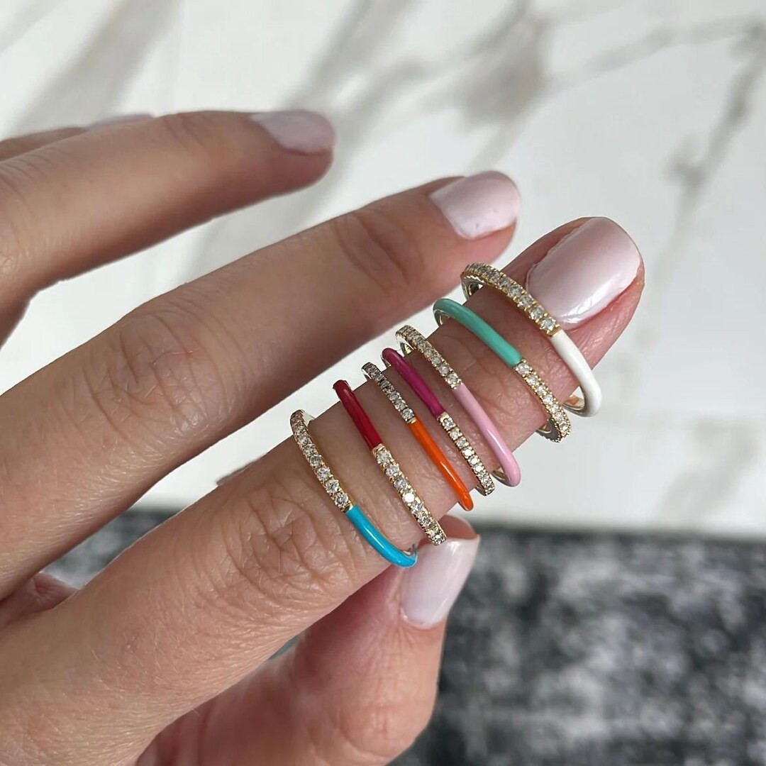 14K Gold Half Enamel Half Pave Ring, Color Pave Ring, Gift for Her, Minimalist Colorful Ring, Han... | Etsy (US)