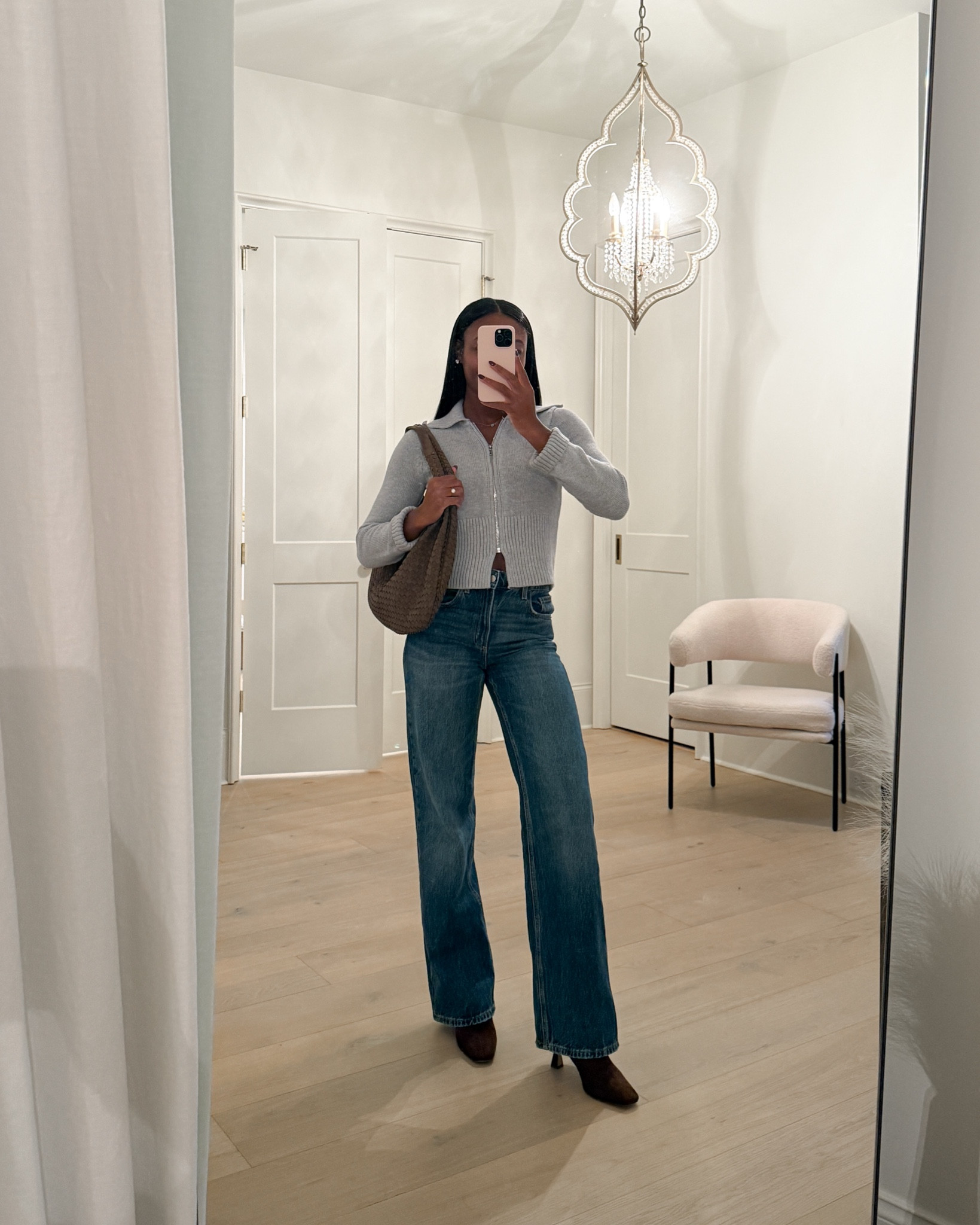 Wide-leg jeans + grey zip-up cardigan outfit! I sized up a size in these jeans. Wearing an extra small in the cardigan. My brown suede booties fit true to size! 🤍 

#LTKItBag #LTKShoeCrush #LTKHoliday