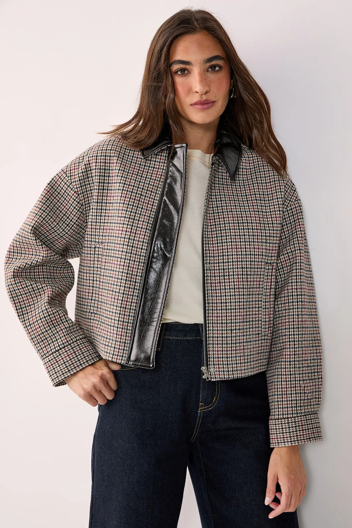 Vinyl Collar Cropped Checked Jacket | Nasty Gal US