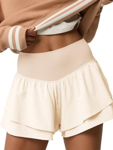 Fisoew Womens High Waisted Athletic Shorts Ruffle Tiered Running Workout Tennis Shorts with Build in Shorts Beige | Amazon (US)