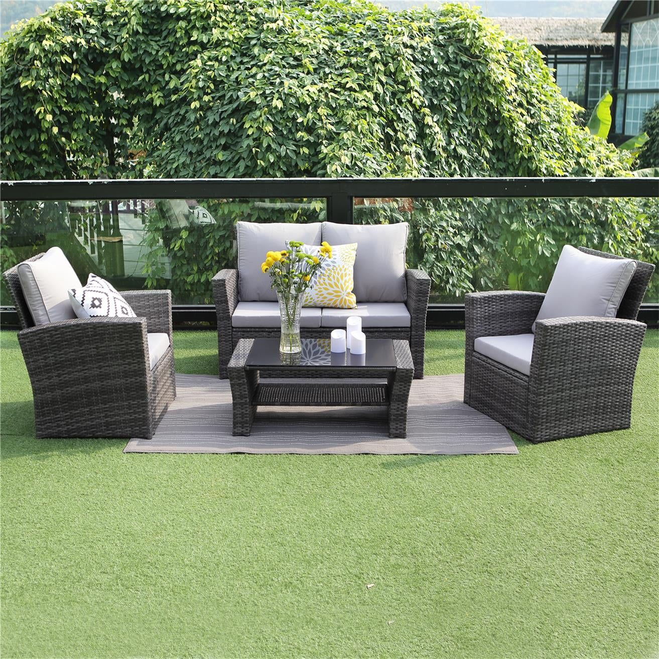 4-Piece Outdoor Patio Furniture Set, Garden Lawn Rattan Sofa Cushioned Seat Wicker sectional Sofa... | Walmart (US)