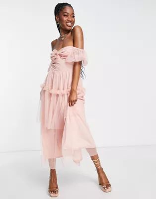 Miss Selfridge tulle twist front maxi dress in pink | ASOS (Global)