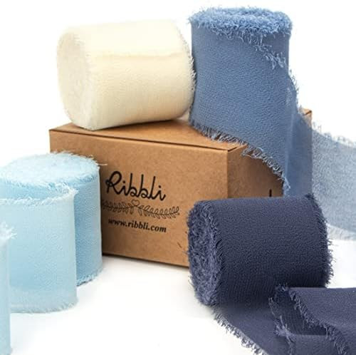 Ribbli 4 Rolls Dusty Blue Chiffon Ribbon Set,Handmade Fringe Silk Ribbon Gauze,1.5 in x 5Yd Each,... | Amazon (US)