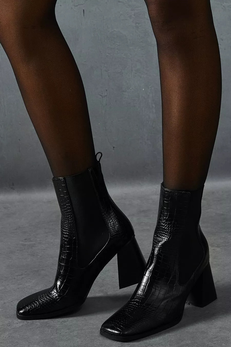 Croc Leather Look Block Heel Ankle Boots | Nasty Gal US
