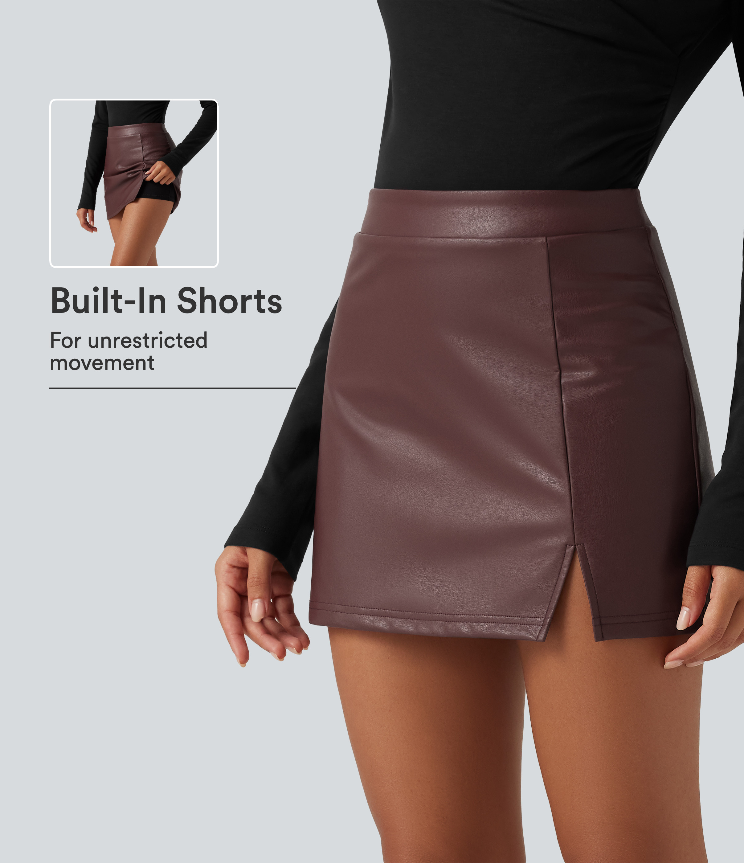 Halara High Waisted 2-in-1 Mini Fleece Casual PU Leather Skirt  - Black - XS(regular) | HALARA