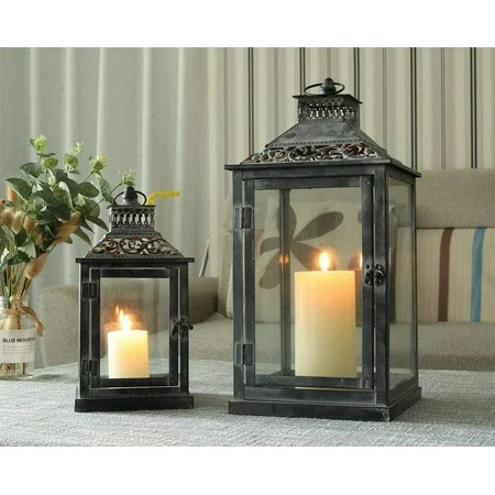 JHY DESIGN Set of 2 Antique Grey Brush Decorative Lanterns Metal Candle Lanterns for Indoor Outdoor  | Walmart (US)