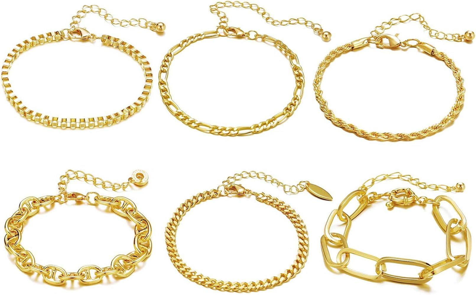 9 PCS Gold Chain Bracelets Set for Women Girls ,Adjustable Fashion Paperclip Link Beaded Bracelet... | Amazon (US)