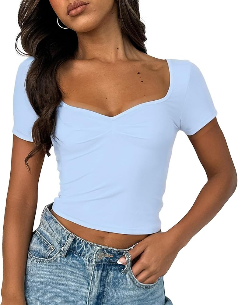ForeFair Women's Sexy Short Sleeve Going Out Tops Pleated Bustier Shirt Cute Sweetheart Neck Y2K ... | Amazon (US)