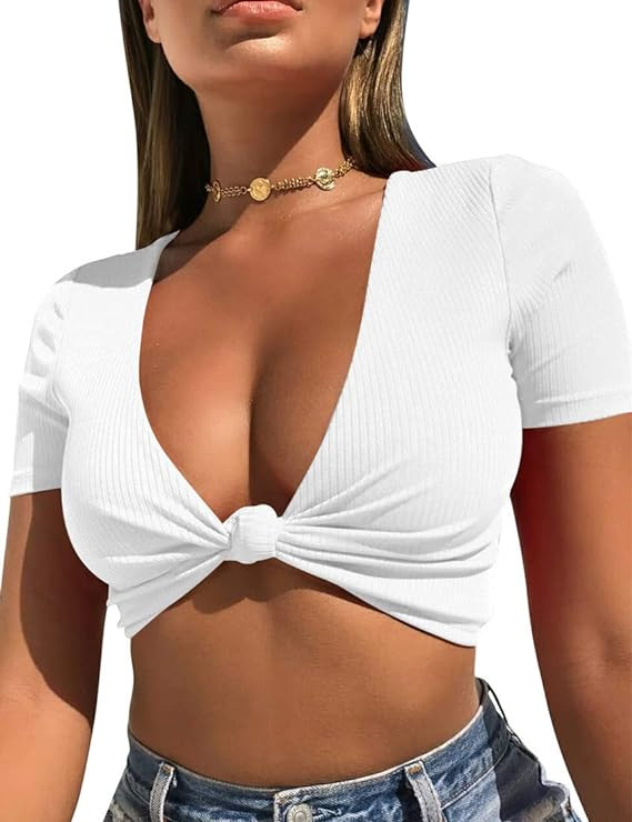Mizoci Women's Sexy Knot Front Crop Top Deep V Neck Short Sleeve Basic Casual T Shirt | Amazon (CA)