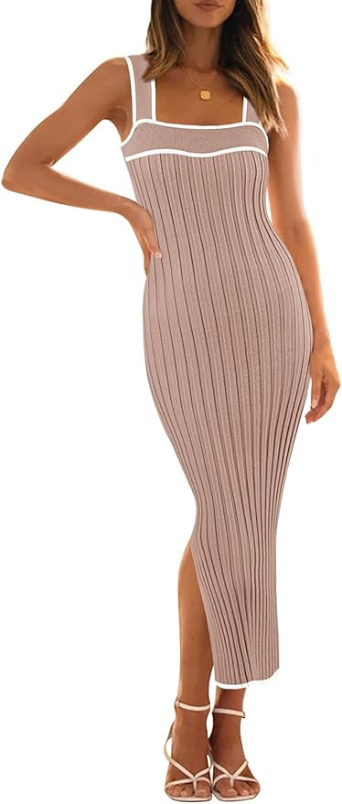 MEROKEETY Womens Summer Striped Bodycon Midi Dress 2026 Beach Vacation Sleeveless Tank Ribbed Kni... | Amazon (US)