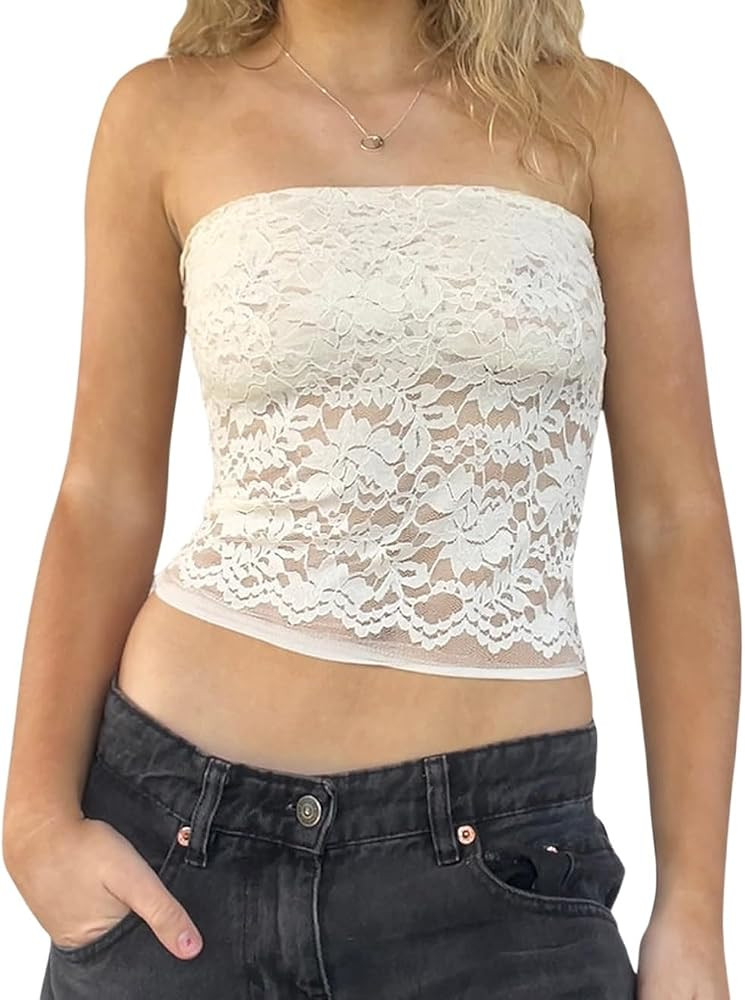 NUFIWI Women Floral Lace Tube Top Sexy Strapless Backless Sheer Bandeau Tops Y2k Frilled Going Ou... | Amazon (US)