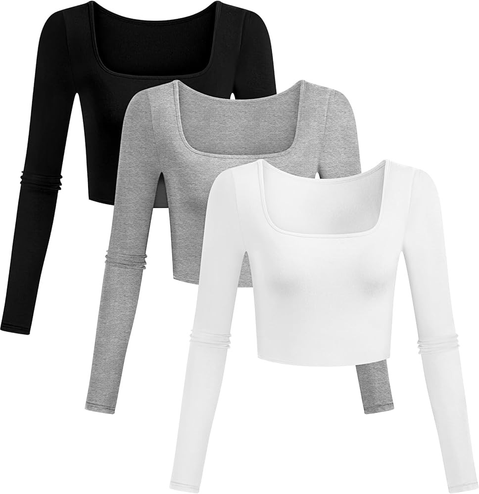 Riyiper 3 Pack Women's Long Sleeve Crop Tops, Square Neck Workout Cropped Tops Tight Fitted Shirt... | Amazon (US)