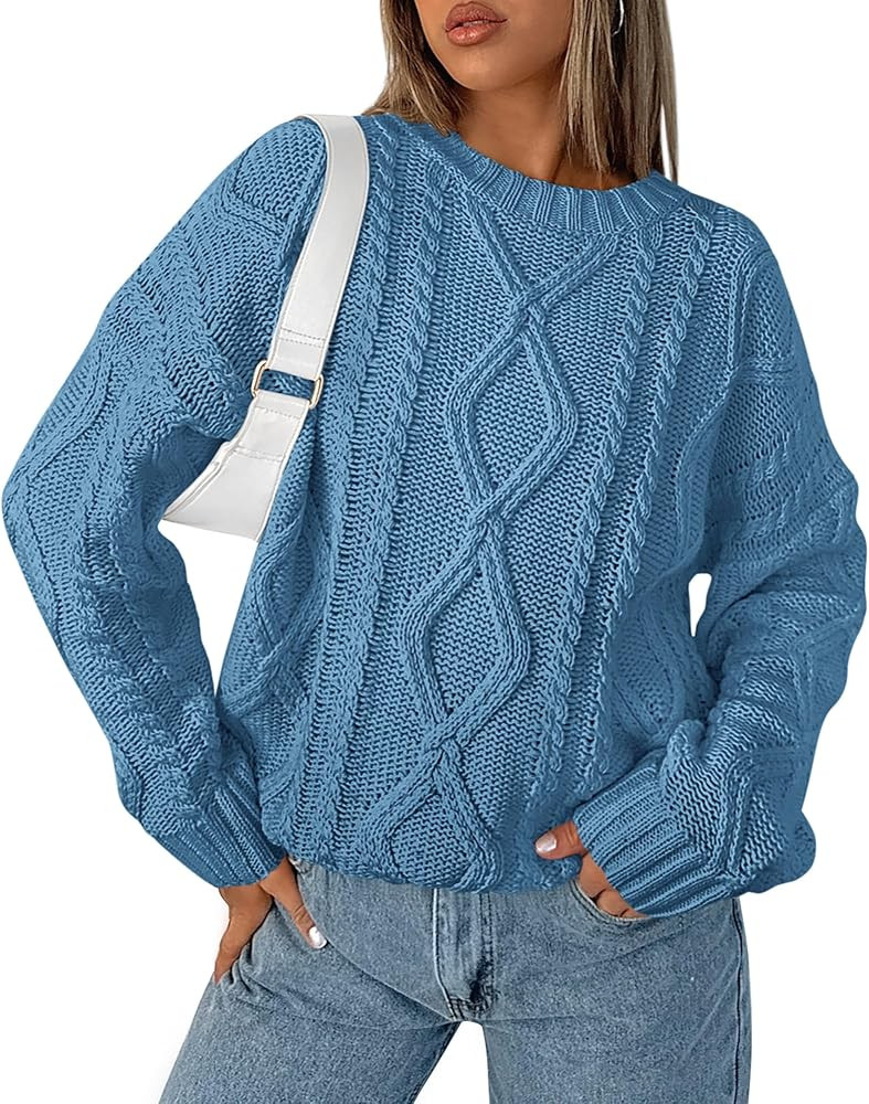 BTFBM Casual Women Long Sleeve Sweater 2024 Fall Ribbed Knit Pullover Loose Crewneck Cable Sweate... | Amazon (US)