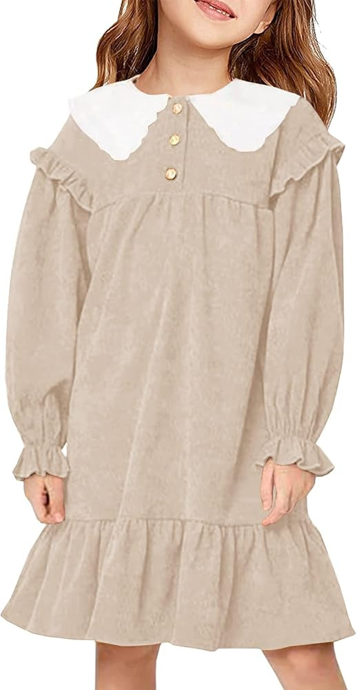 Geckatte Little Girls Peter Pan Collar Corduroy Long Sleeve Casual Vintage Above Knee Flare Dress | Amazon (US)