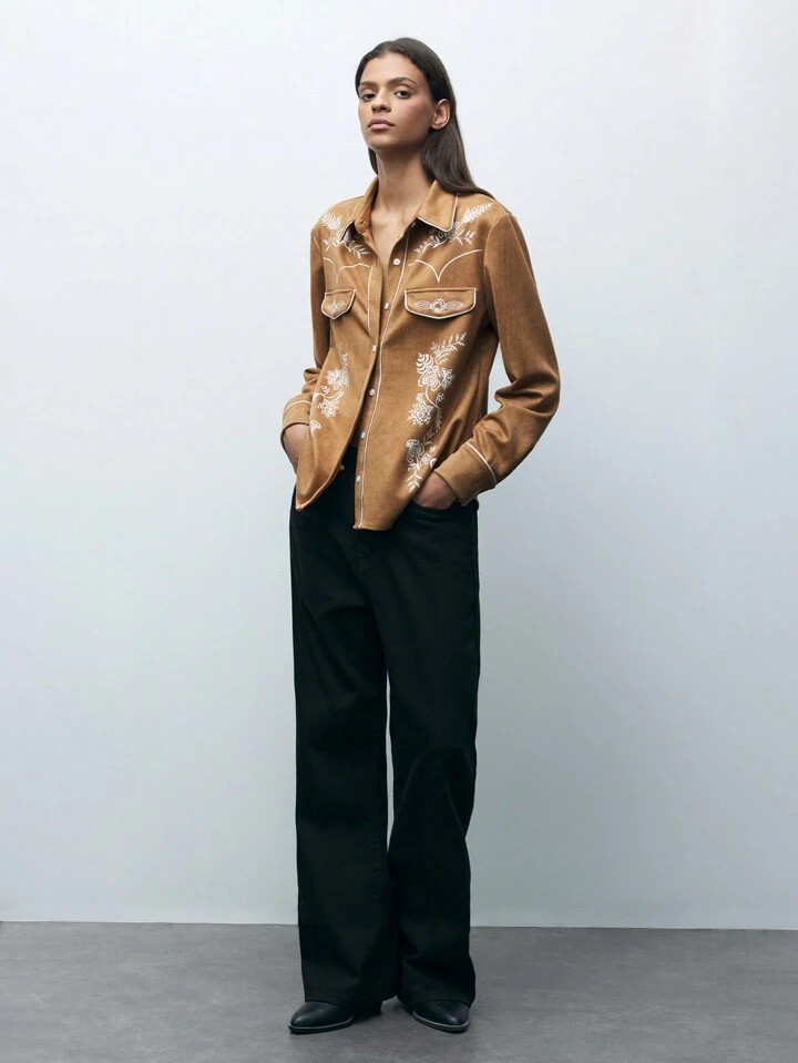 Maija Women's Early Spring/Spring Brown Bohemian Floral Printed Button-Down Shirt With Pockets, E... | SHEIN