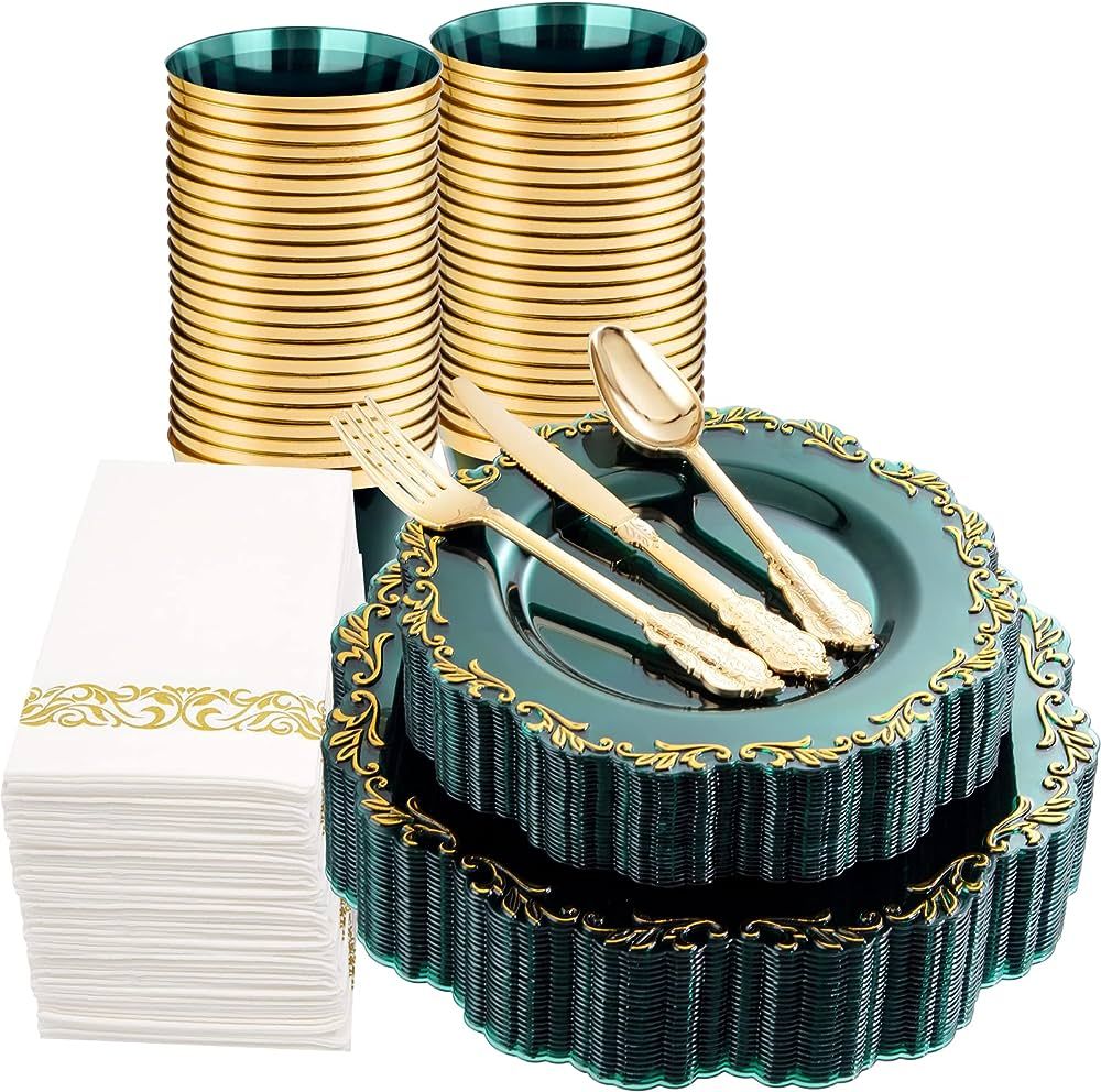 PULOTE 175PCS Clear Green Plastic Plates & Gold Plastic Silverware & Clear Green Cups & Gold Napk... | Amazon (US)