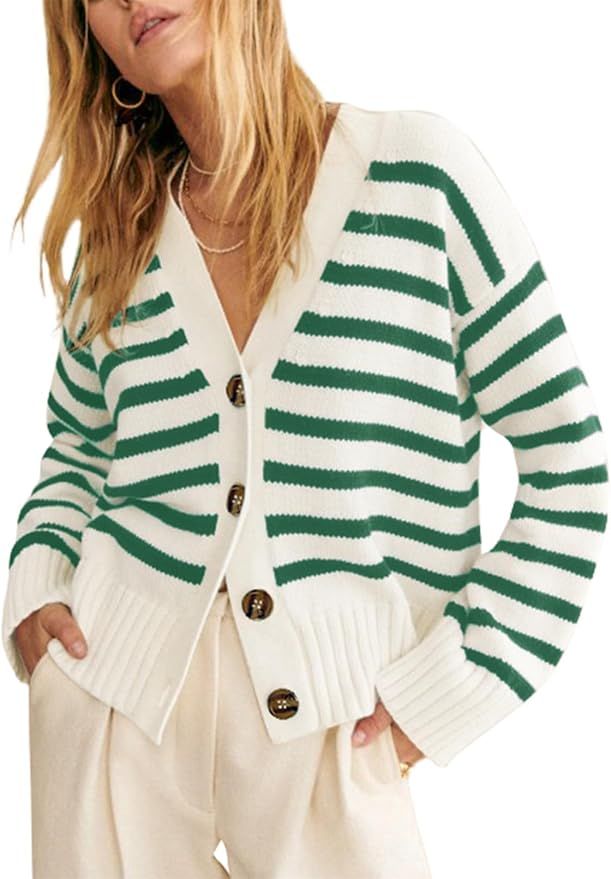 EVALESS Womens Striped Cardigan Sweaters Long Sleeve V Neck Lightweight Open Front Button Down Kn... | Amazon (US)